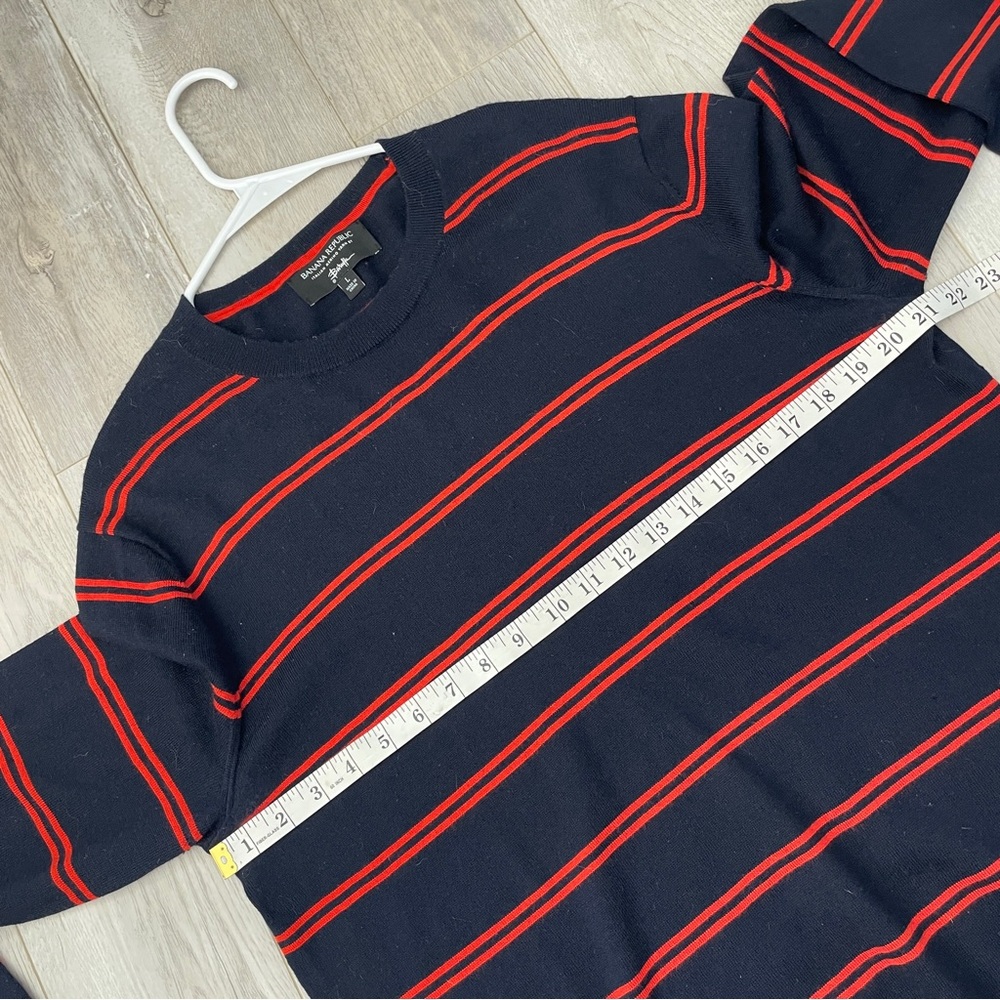Banana Republic Sweater italian merino wool striped crew mens Navy Blue large - Picture 3 of 7